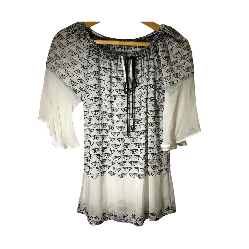 Anthropologie Sheer Flowy Top 1/2 Sleeve Black White Embroidered Med Boho Chic